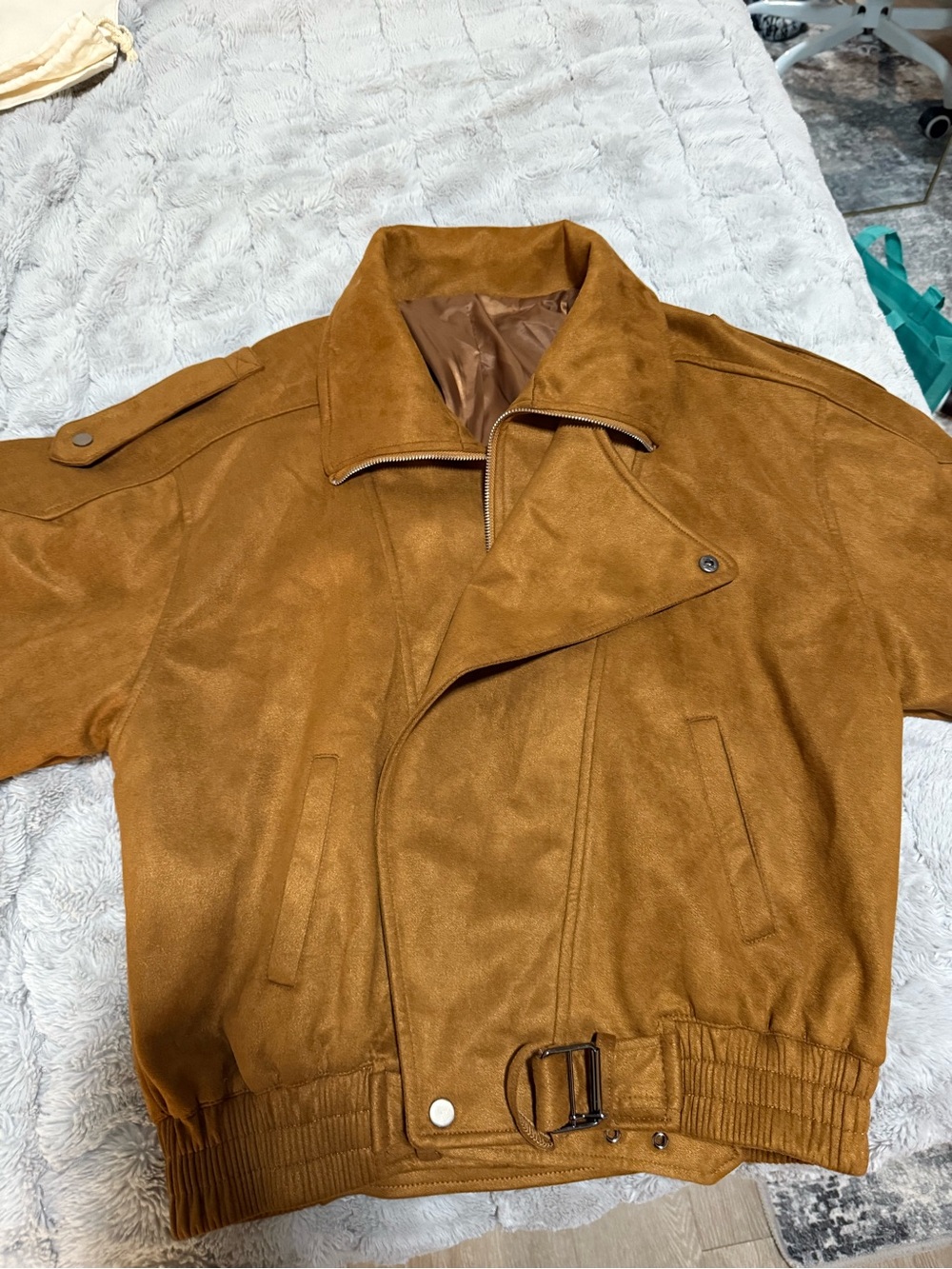 Unisex Tan Suede-Style Bomber Jacket with Belted Hem